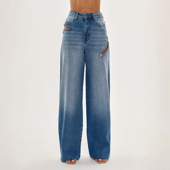 Blue Wide-Leg Denim Pants with Side Zippers – Modern and